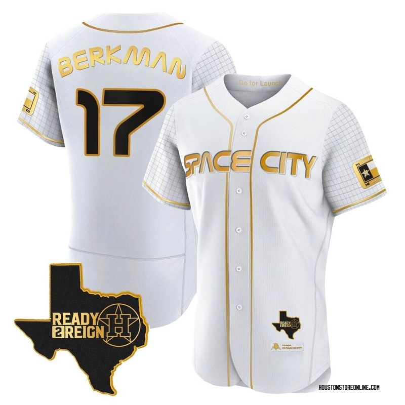 Lance Berkman Men's Houston Astros 2023 Space City Ready 2 Reign Flex Base Jersey - White/Gold Authentic